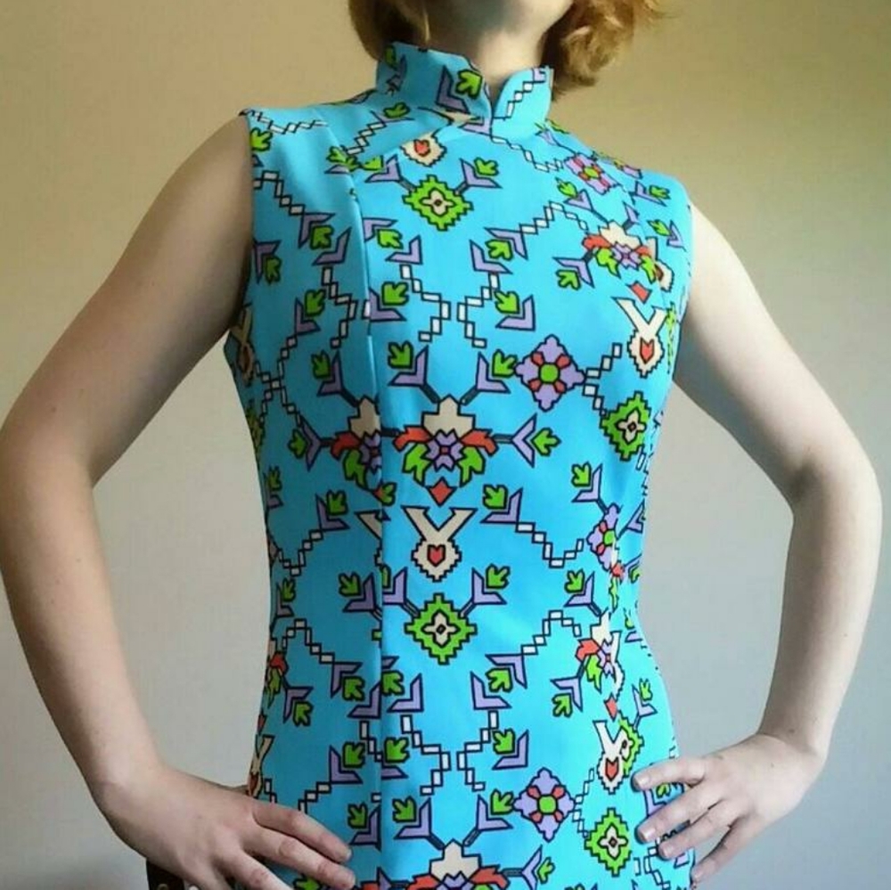 60's Cheongsam Turquoise Aztec Designer Dress